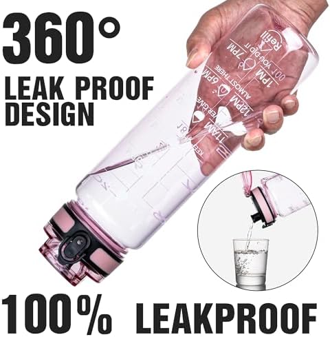 OLDLEY Water Bottle, 32oz Motivational Sports Water Bottle with Time Marker - Times to Drink - Tritan, BPA Free, Wide Mouth Leakproof,Clear Pink