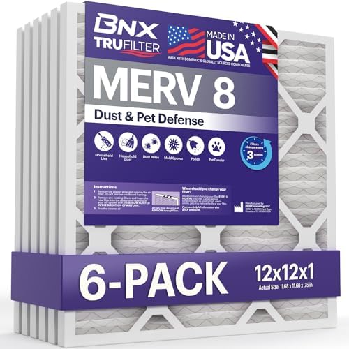 BNX TruFilter 12x12x1 Air Filter MERV 8 (6-Pack) - MADE IN USA – Dust & Pet Defense Pleated Air Conditioner HVAC AC Furnace Filters for Dust, Pet, Mold, Pollen MPR 600 – 700 & FPR 5