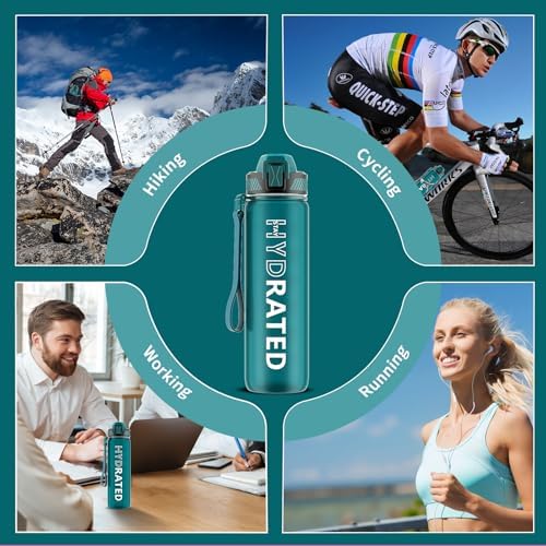 Water Bottle with Straw, 32oz Motivational Water Bottles with Time Marker to Drink, Tritan BPA Free, 1L Sports Water Bottle with Carry Strap LeakProof for Women Gym Fitness Outdoor (1 Pack)