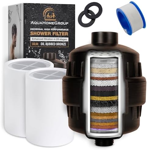 AquaHomeGroup 20 Stage Shower Head Filter with Vitamin C E A for Hard Water - High Output Filter to Remove Chlorine and Fluoride - 2 Replacement Cartridges - Consistent Flow Showerhead Filter