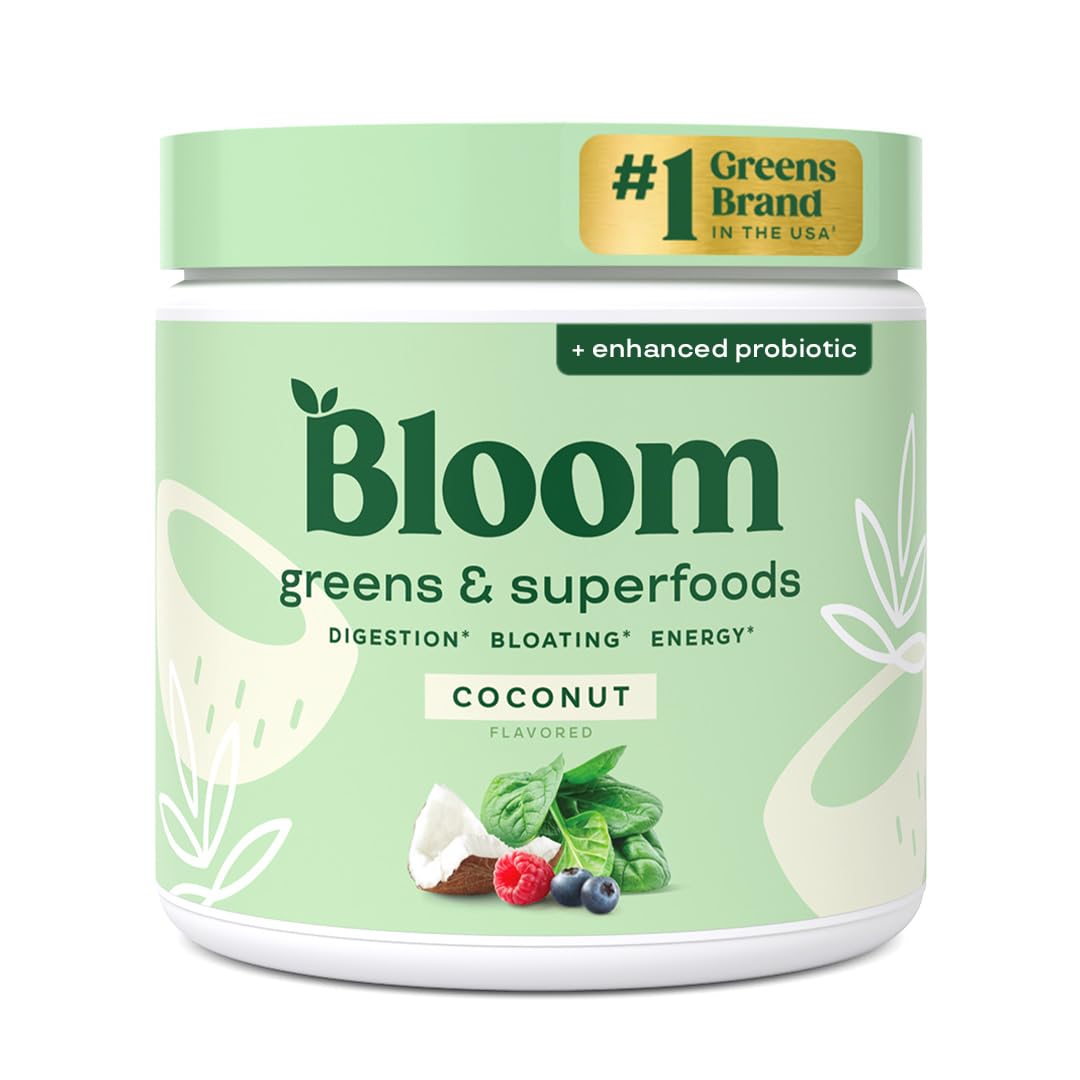 Bloom Nutrition Superfood Greens Powder, Digestive Enzymes with Probiotics and Prebiotics, Gut Health, Bloating Relief for Women, Chlorella, Green Juice Mix with Beet Root Powder, 30 SVG, Coconut