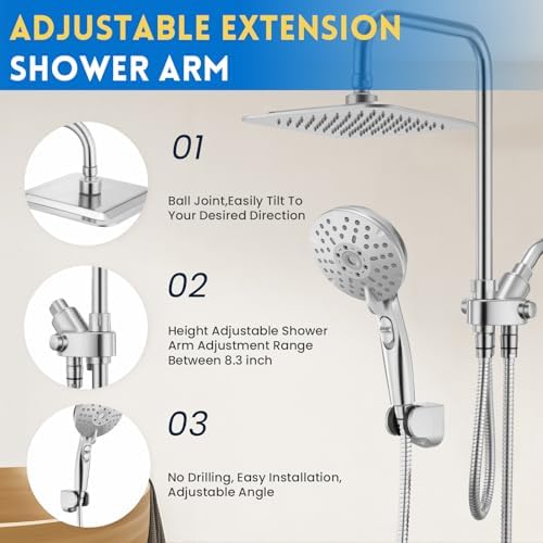 Dual Shower Head Combo, 8'' High Pressure Rain Shower Head with Handheld Spray, 6 Settings Handheld Showerhead, 15" Height Adjustable Slide Bar, Angle Adjustable, Chrome Polished