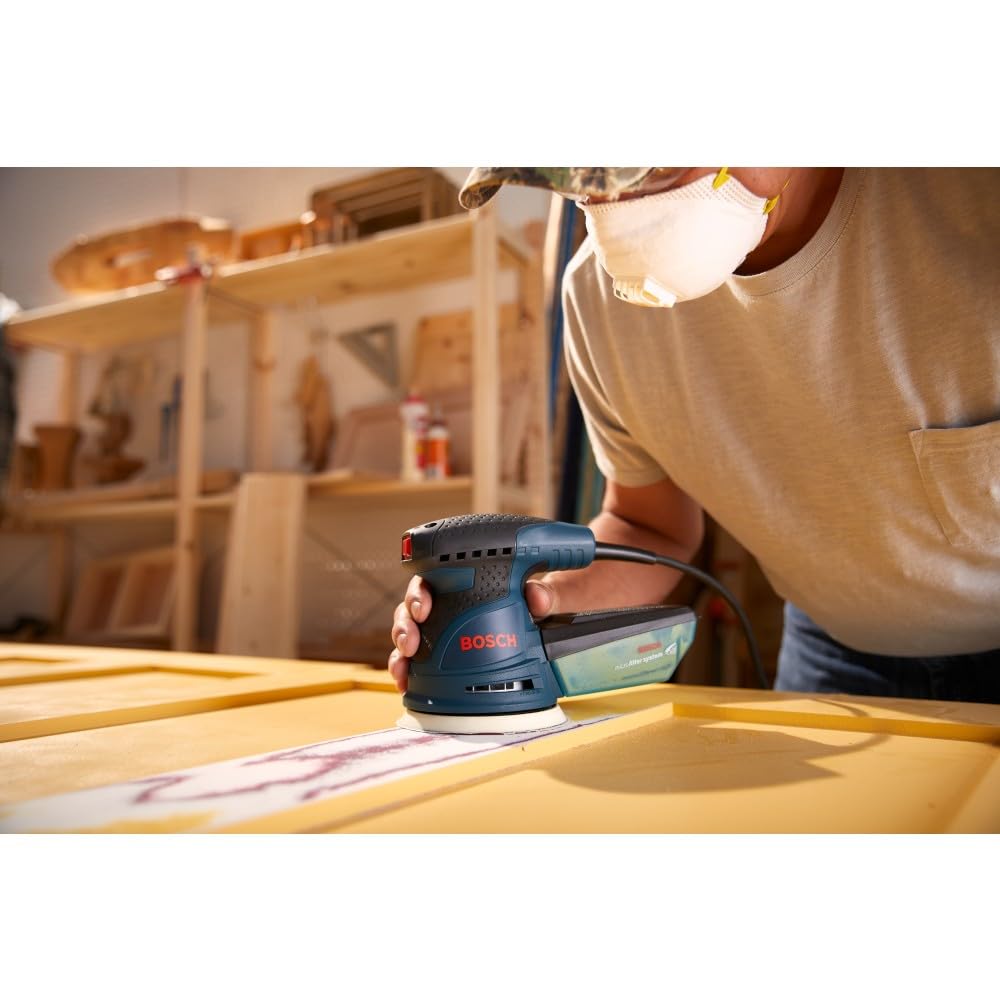 BOSCH ROS20VSC Palm Sander with Vacuum Dust Collector, 2.5 Amp 5 Inch Corded Variable Speed Random Orbital Sander, Polisher Kit with Soft Carrying Bag