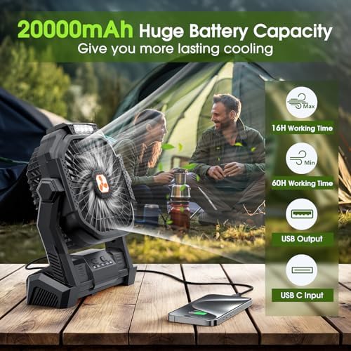 Portable Rechargeable Fan, 20000mAh Cordless Battery Powered Camping Tent Fans with LED Lantern, Small USB C Operated Outdoor Ventilador for Travel Camp Fishing Picnic Beach Office Home Essentials