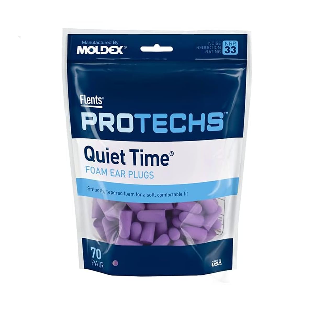 Flents Protechs Foam Ear Plugs, 70 Pair for Sleeping, Snoring, Loud Noise, Traveling, Concerts, Construction, Studying, Work, Shooting, NRR 33, Noise Cancelling, Disposable Purple, Made in the USA