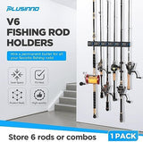 PLUSINNO Fishing Rod Holders - V6 Vertical Support for Extra Large & Heavy Fishing Rod Combos, Garage & Wall Mounted Rack Storage