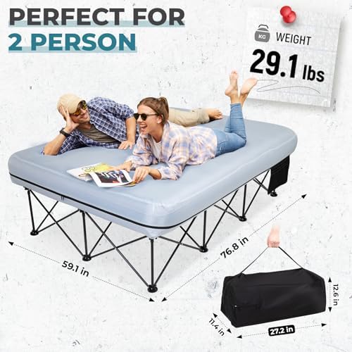FUNDANGO Queen Camping Cot, 2 Person Folding Airbed Mattress, Double Camp Bed with 2 Cup Holders, Removeable Cover for Adults Outdoor Travel,Carry Bag Included (Grey)