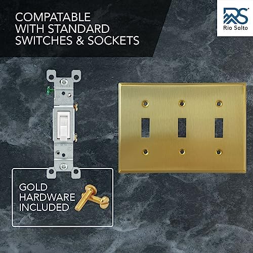 Rio Salto BRASS Modern Metal Gold Triple Toggle Light Switch Metal Wall Plate 3-Gang Toggle Wallplate Cover Wall Plate Light Switch Covers