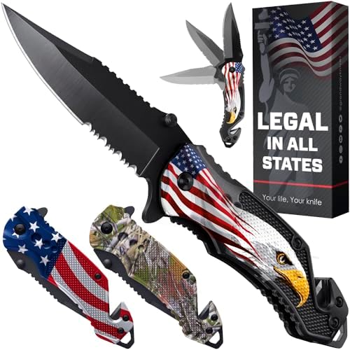 Patriotic Legal Pocket Knife Bald Eagle - 2.95” Serrated Sharp Blade - Small Tactical Knives with US American Flag for Men Dad - Best Folding Tool - Gifts for Him - Mens Birthday Gift Ideas 6680 E