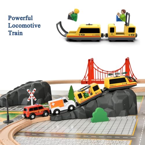 Giant bean 72PCS Fire Station Wooden Train Track Electric Train Set, Gift Packed Toy Railway Kits for Kids, Toddler Boys and Girls 3,4,5 Years Old and Up, Christmas Birthday Gift Toy for Kids