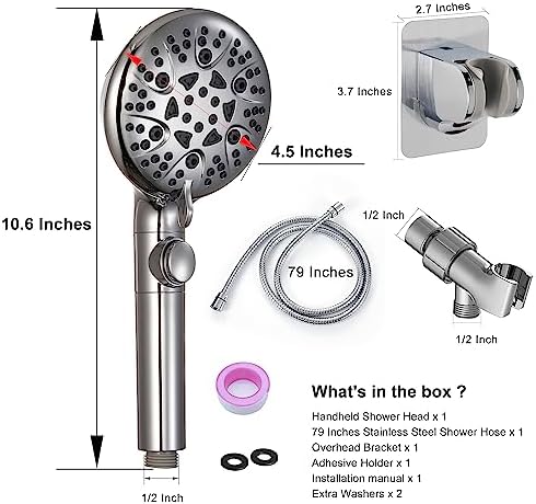 Handheld Shower Head with On Off Switch 8-Mode High Pressure Showerhead with 79 Inches Extra-long Stainless Steel Hose and Bracket PLUS Extra Low-Reach Adhesive Wall Mount for Kids,Silver…
