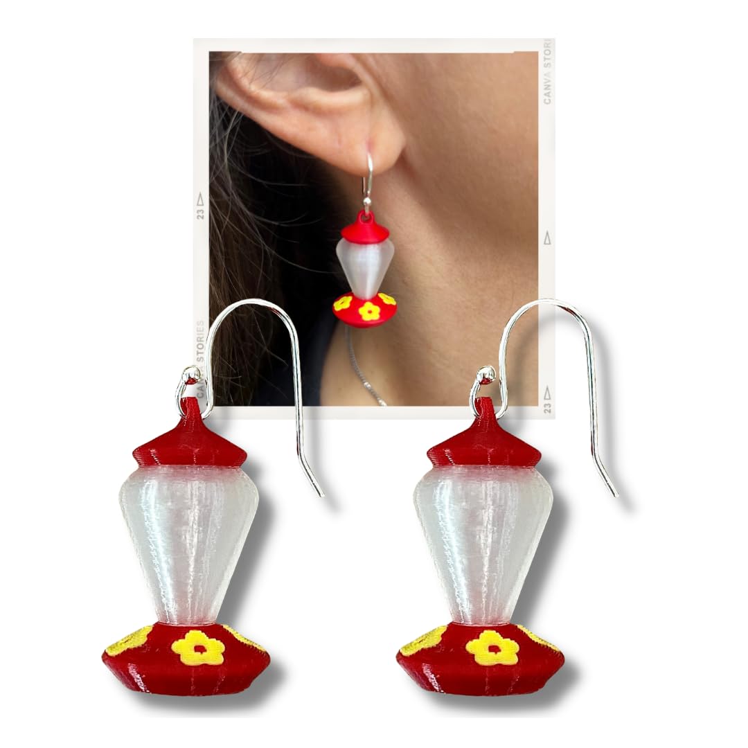 Generic Hummingbird Feeder Dangle Earrings, Red Plastic Hummingbird Earings, Red Stone