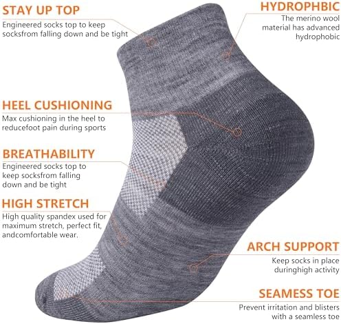 Merino Wool Ankle Socks, Men's Women's 90% Wool Athletic Thin Running Moisture Wicking Socks, 3 Pairs