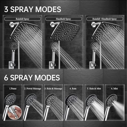 Veken 11.8 Rectangle Inch Rain Shower Head - Shower Heads with 6 Modes Handheld Spray Combo - Wide Rainfall shower with 70" Hose - 1.8gpm Dual Showerhead with Anti-Clog Nozzles - Chrome