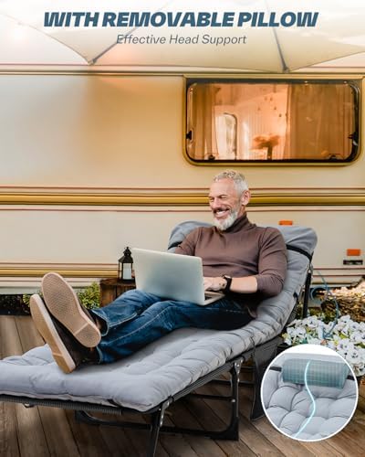 Sportneer Sleeping Cots for Adults: 5-Angle Adjustable Folding Bed with Thick Mattress - 450lbs Max Load Padded Camping Cot with Easy Setup & Takedown for Outdoor Travel Sleep Over, Size 76''x27''