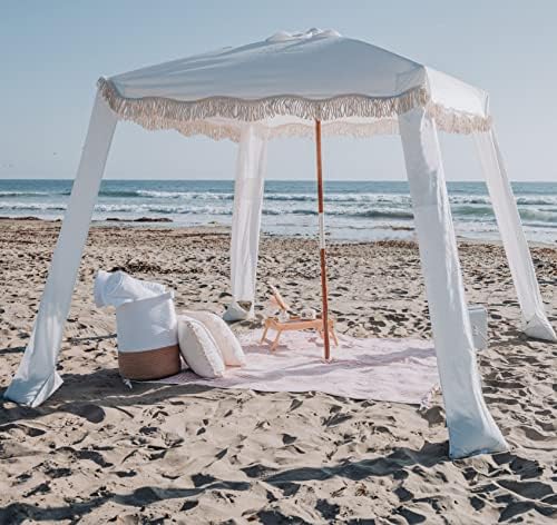 AMMSUN Beach Cabana with Fringe, 6'×6' Boho Beach Canopy with Tassels, Easy Set up & Premium Wood Pole, Cabana Tent with Sand Pockets, Instant Sun Shade for Sand, Garden, Patio, Elegant White
