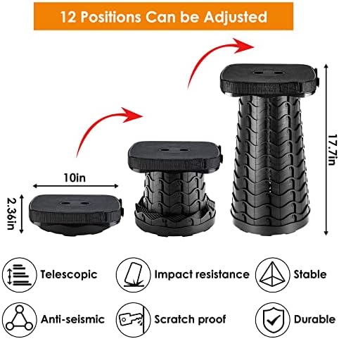 Folding Camping Stool - Square Collapsible Portable Seat with Elastic Cushion & Adjustable Nylon Bag, Sturdy Lightweight Telescoping Design, Max Load 485lb