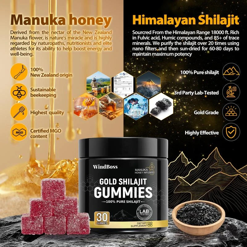 Organic SHILAJIT Gummies | Organic Pomegrenate Oil Flavor | Cane Sugar Free, Sweetened by Organic Manuka Honey | Clean Formula | Heart & Brain, Cellular Health 30 Healthy Gummies