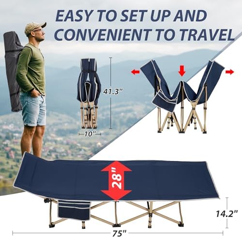 Folding Camping Cot for Sleeping, Portable Cots for Adults, Heavy Duty Cot Bed 550LBS(Max Load), Extra Wider Cots with Large Pocket for Outdoor, Office, Beach