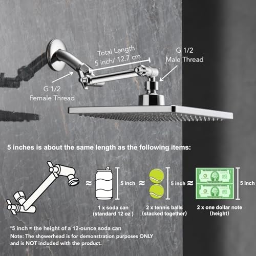5 Inch Adjustable Shower Head Extension Arm With Locking Set Screw, Singing Rain Brass Chrome Angle Height Adjustable, Easy To Install, G1/2 Universal Connector Compatible (Chrome Finish)