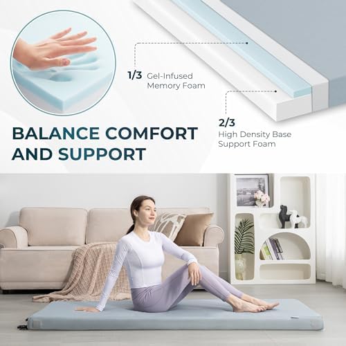 Kingfun Memory Foam Camping Sleeping Pad, CertiPUR-US Camping Mattress Waterproof Roll Up Mattress Guest Bed, Thick Floor Sleeping Mat for Car Truck Tent for Adults with Travel Bag