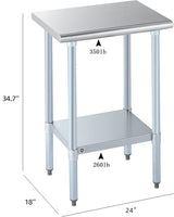 ROCKPOINT Stainless Steel Table for Prep & Work 18x24 Inches, NSF Metal Commercial Kitchen Heavy Duty Table with Adjustable Under Shelf and Table Foot for Restaurant, Home and Hotel