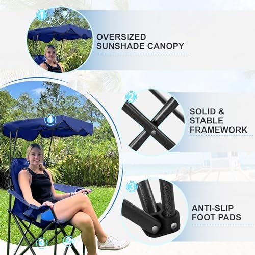 LET'S CAMP Camp Chair with Shade Canopy Folding Camping Recliner Chair with Carry Bag for Outdoor Camping Hiking Beach, Heavy Duty 350 LBS