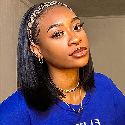 AISI Bob Headband Wig Human Hair Short Straight Headband Wigs Remy Hair Easy Wear and Go Glueless Wigs Bob Headband Wigs for Women Black Color(150% Density 12Inch)