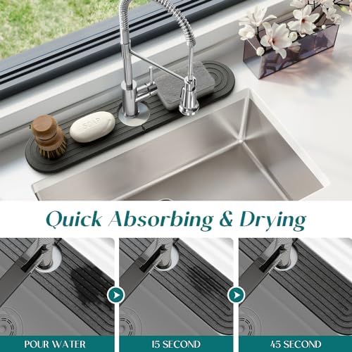 Kitchen Faucet Absorbent Mat - Diatomite Stone Sink Tray, Quick Drying, Modern Design - Durable Faucet Drip Mat for Kitchen Sink and Bathroom Counter [17.7"" x 3.9"", Dark Grey]