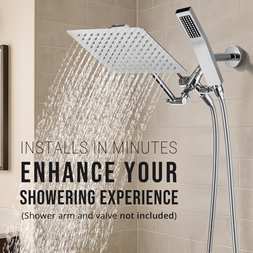G-Promise All Metal 10" Dual Square Shower Head Combo | Rain Shower Head | Handheld Shower Wand | Adjustable | Smooth 3-Way Diverter | 71" Extra Long Hose - A Bathroom Upgrade (Chrome)