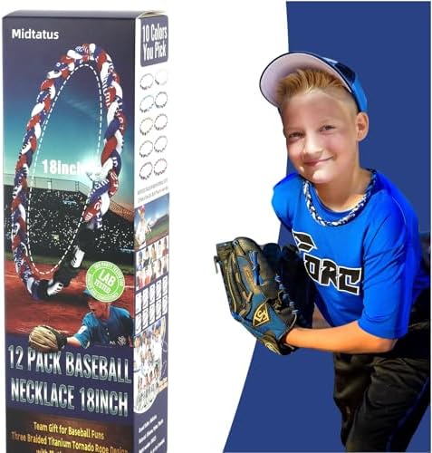 12 Pack Baseball Necklace 18inch, Team Gift for Baseball Funs, Three Braided Titanium Tornado Rope Design, with Muti - Color for Pick