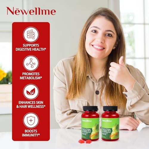 NEWELLME Sugar-Free Apple Cider Vinegar Gummies B12 Multivitamin,ACV Supplement Gummy Vitamins,Vegetarian Supplement for Women & Men,Non GMO,Support Normal Energy Levels & Gut Health 120 Gummies (120)
