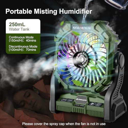 Odoland Portable Camping Misting Fan with LED Light, 20000mAh Battery Operated Rechargeable Mister Fan with 250mL Water Tank, Hook, Outdoor Tent Cooling Fans for Patios Beach Travel Home Summer, Green