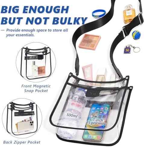 3 Pockets Large Clear Bag for Stadium Events with 2 Long Straps Purse for Women Crossbody Bag Concert Stadium Approved