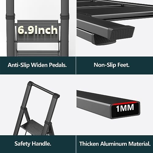 WOA WOA 4 Step Ladder, Ladders for Home, Anti-Slip Pedals, Aluminum Step Stool Foldable, Lightweight to Move, Ease of Storage, Reach 9ft for Closet Kitchen Library, Hold 300lbs - Black