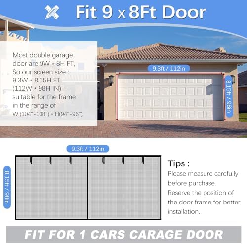 Garage Door Screen for 1 Car Garage 9x8FT, Magnetic Screen Garage with Retractable Fiberglass Mesh and Heavy Duty Weighted Bottom, Easy Assembly & Pass, Hands Free Screen Door Kit