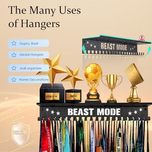 Metal Medal Hanger Display,Non-Slip Trophy Shelf with 20 Hooks,Wall Mount,Heavy Duty,Non-Bent,Holds 22-33lbs,for Gymnastics,Race,Soccer,Swim
