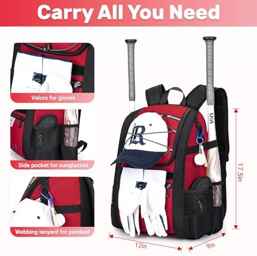 Youth Baseball Bag, Softball Bag for Girls & Boys, Kids Tball Backpack with Shoes Compartment
