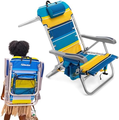 Homevative Backpack Fold-Up Beach Chair, 5 Positions, Towel bar, Cooler, Storage Pouch, Cup Holder and Phone Pocket
