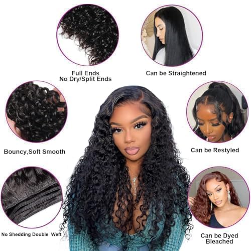 12A 3 Bundles Water Wave Human Hair (16 18 20 Inch) 100% Unprocessed Weave Brazilian Human Hair Bundles Full And Thick Virgin Hair Extensions Natural Color