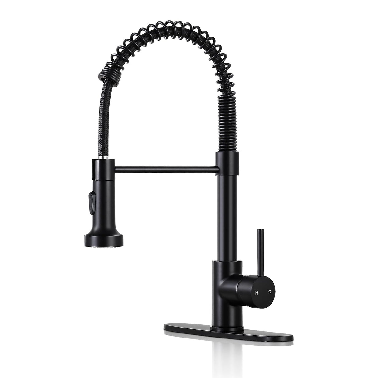 DJS Kitchen Faucets with Pull Down Sprayer Single Handle 1 or 3 Holes Spring Kitchen Sink Faucet with Deck Plate for Farmhouse RV Vessel Basin (Matte Black)
