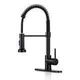 DJS Kitchen Faucets with Pull Down Sprayer Single Handle 1 or 3 Holes Spring Kitchen Sink Faucet with Deck Plate for Farmhouse RV Vessel Basin (Matte Black)