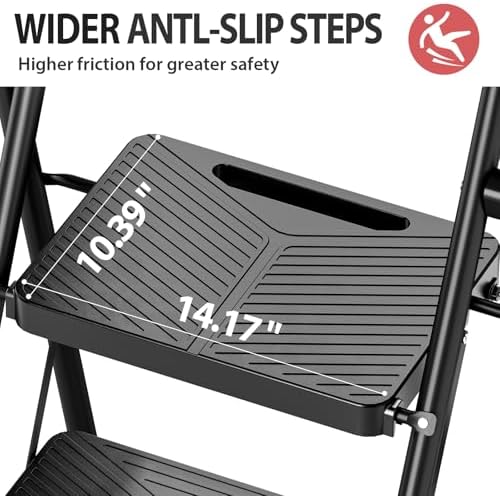 KINGRACK 2 Step Ladder, Folding Step Stool with Safe-Lock Design, 500 lbs Sturdy Steel Ladder with Wide Anti-Slip Pedal, Convenient Handrail for Household and Kitchen, Black