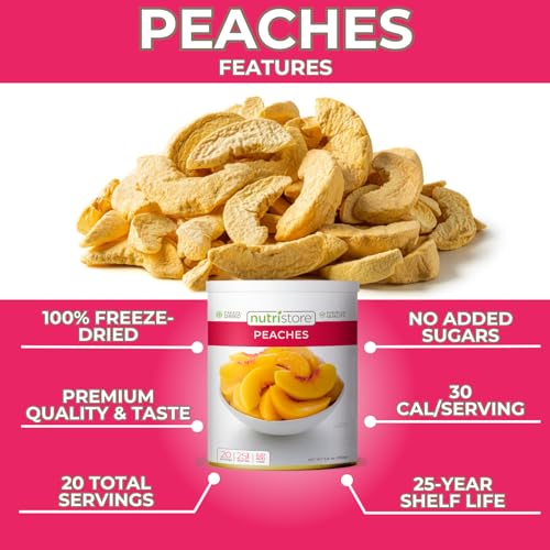 Nutristore Freeze Dried Peaches | 100% Natural, Healthy Fruit Snacks | Bulk #10 Can | Premium Quality & Crispy Fresh Taste | Emergency Survival Food Supply | 24 Servings | 25 Year Shelf Life