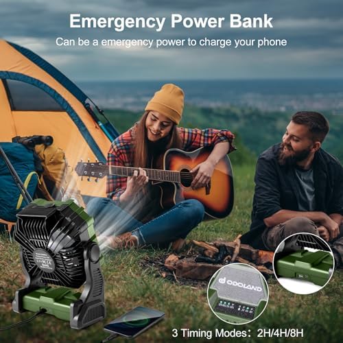 Odoland Portable Camping Misting Fan with LED Light, 20000mAh Battery Operated Rechargeable Mister Fan with 250mL Water Tank, Hook, Outdoor Tent Cooling Fans for Patios Beach Travel Home Summer, Green