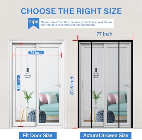 Magnetic Screen Door Upgraded PET Mesh Stronger Than Fiberglass and Polyester,Hands Free,Keeps Bugs Out,Pet & Kid Friendly,Suitable for Sliding Door,Large Patio Door and French Door-74''x80''