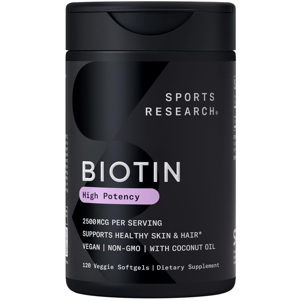 Sports Research Extra Strength Vegan Biotin (Vitamin B) Supplement with Organic Coconut Oil - Supports Keratin for Healthier Hair & Skin - Great for Women & Men - 2,500mcg, 120 Veggie Softgel Capsules