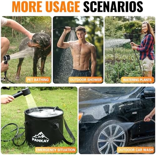 Portable Shower for Camping, 8000mAh Rechargeable Camping Shower Pump with XL Foldable Bucket, IPX8 Waterproof, Surrounding Water Inlet, 5 Pressure Modes Outdoor Shower Pump for Hiking, Travel, Pet