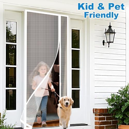 Side Opening Magnetic Screen Door, Fit Door Size 32 x 80 Inch, Reversible Left and Right Removable Screen Door Mesh with Strong Magnet, Actual Mesh Size 34" x 81", White