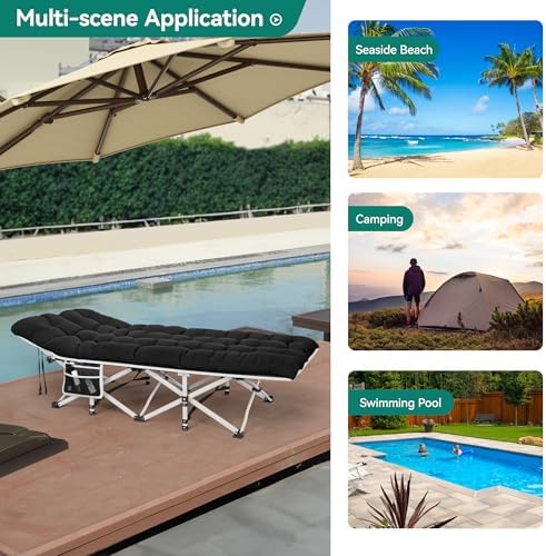 YITAHOME 2 Pcs Camping Cots w/Mattress Portable Lounge Chair Outdoor Folding Cot Heavy Duty 575 LB Capacity 1200D Oxford w/Carry Bag Travel Camp Bed for Camping, Office, Traveling, Black